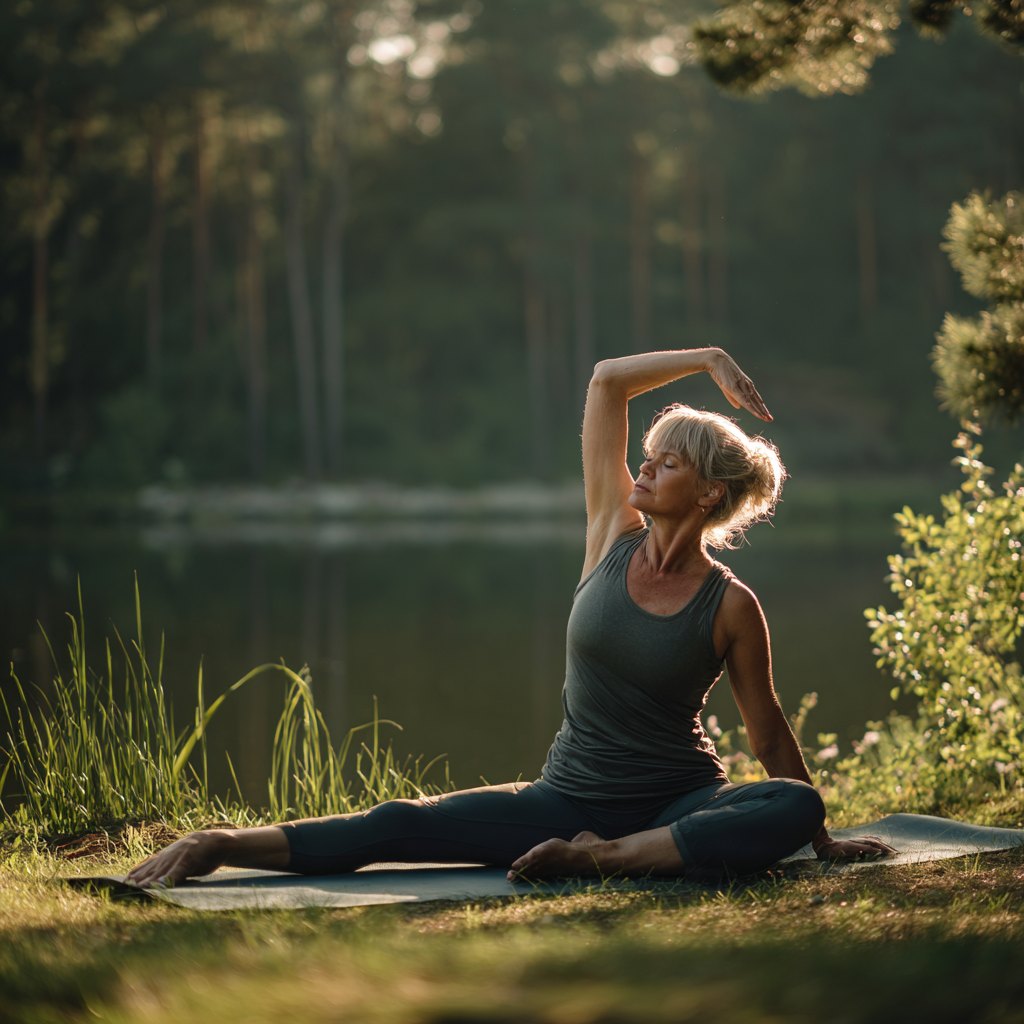 Peaceful yoga practice with mature Ukrainian woman in serene natural setting demonstrating mindful stretching