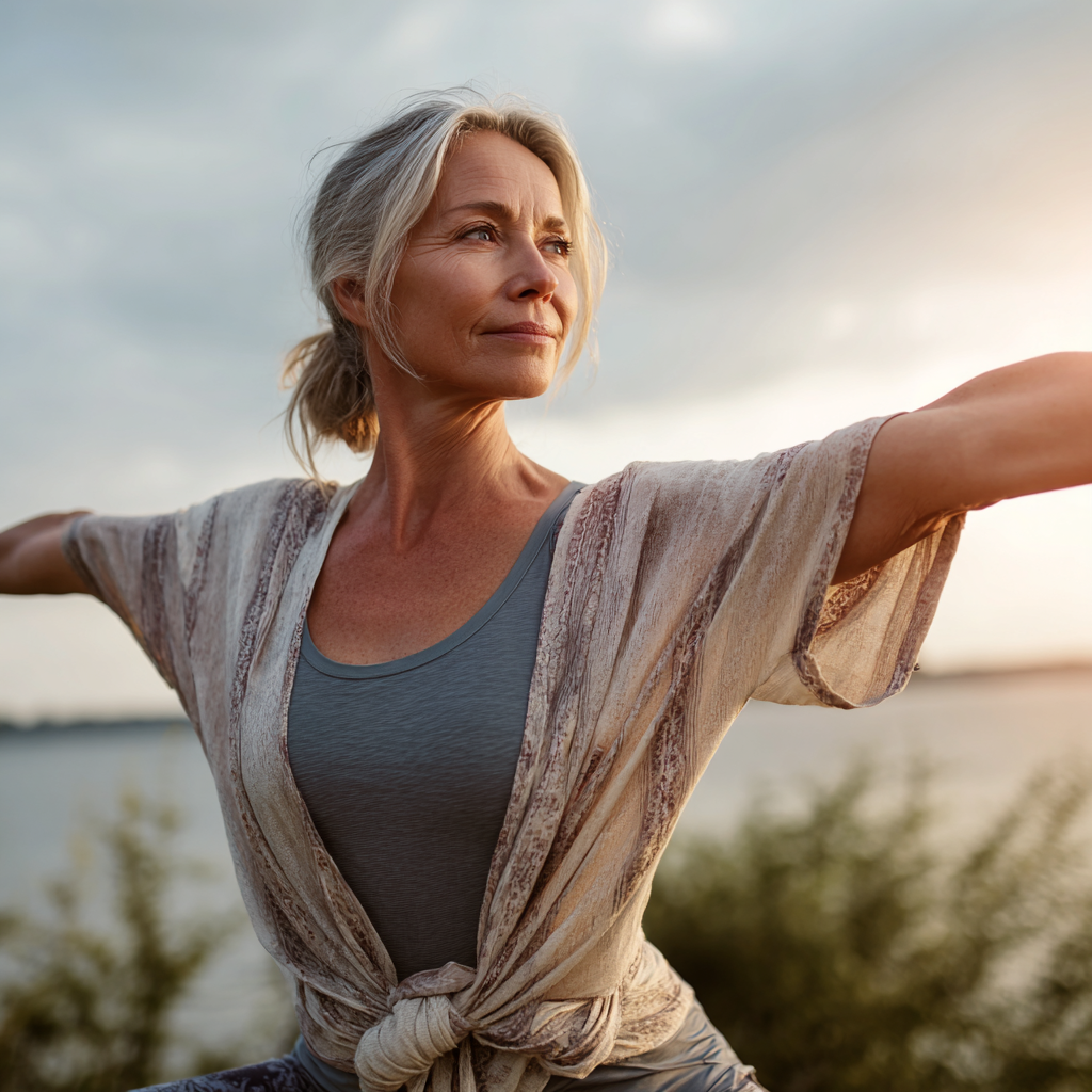 Diverse group of Ukrainian adults of different ages practicing gentle yoga movements together in bright studio space